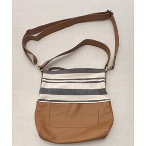 Fossil Amelia Hobo Crossbody Shoulder Bag Brown Leather With Stripe Fabric